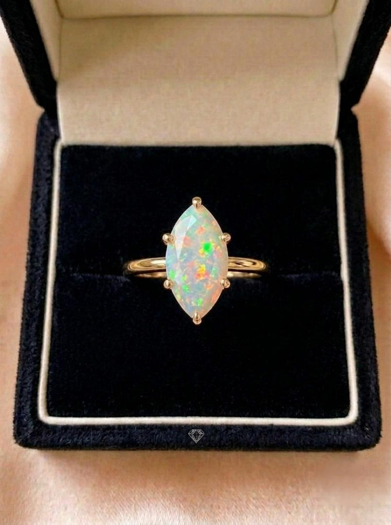 Opal Wedding Ring, Marquise Cut, 14K Yellow Gold, White Fire Opal Ring, Solitaire Ring, October Birthstone Jewelry, Anniversary Ring, Gift