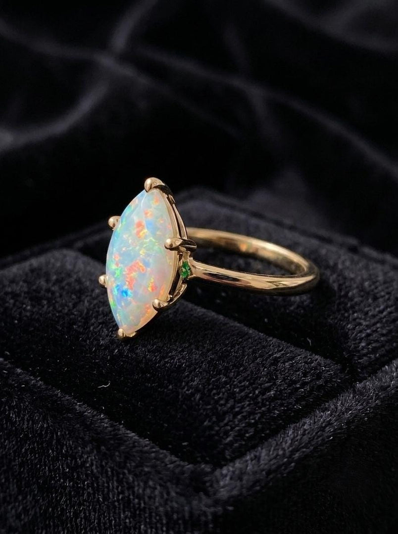 Opal Wedding Ring, Marquise Cut, 14K Yellow Gold, White Fire Opal Ring, Solitaire Ring, October Birthstone Jewelry, Anniversary Ring, Gift
