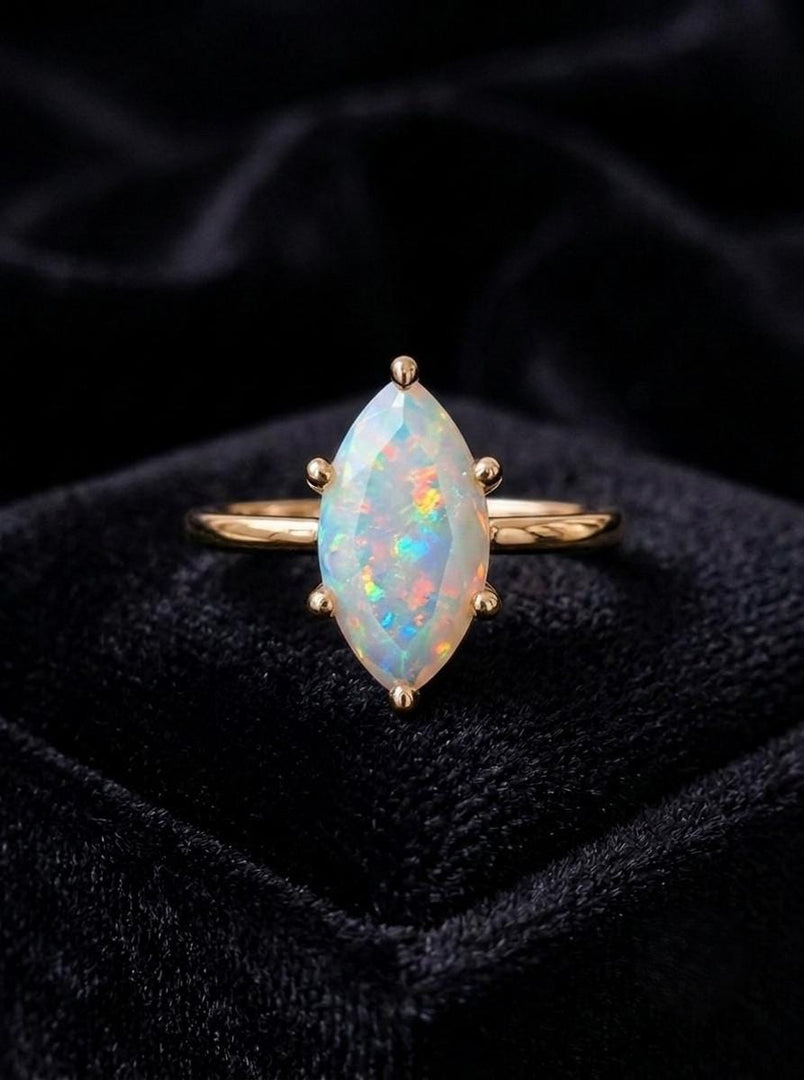 Opal Wedding Ring, Marquise Cut, 14K Yellow Gold, White Fire Opal Ring, Solitaire Ring, October Birthstone Jewelry, Anniversary Ring, Gift