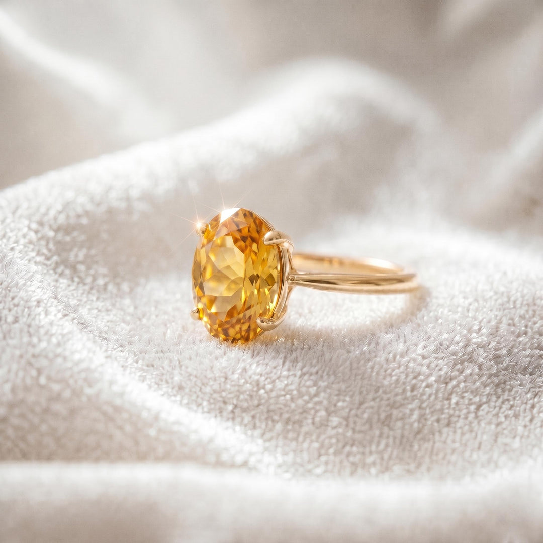 Yellow Citrine Engagement Ring, Minimalist Oval Cut, 14K Gold Ring, For Women Prong Ring, Birthstone Jewelry, Gift For Love Engraved Ring