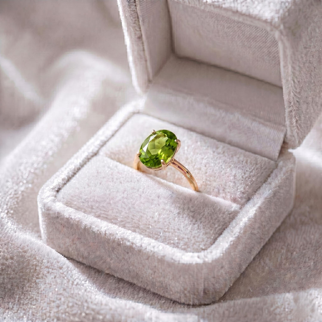 Green Peridot Ring, Engagement Ring, Oval Cut Ring, Green Gemstone Jewelry, 14K Gold, Solitaire Ring, August Birthstone, Women Gift for Her