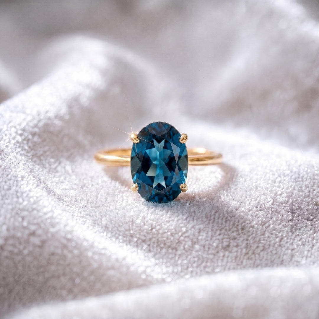 London Blue Topaz Engagement Ring, Oval Shape Ring, 14K Gold, Vermeil Six Prong Solitaire Ring, Women Ring, Promise Ring, Anniversary Gift,
