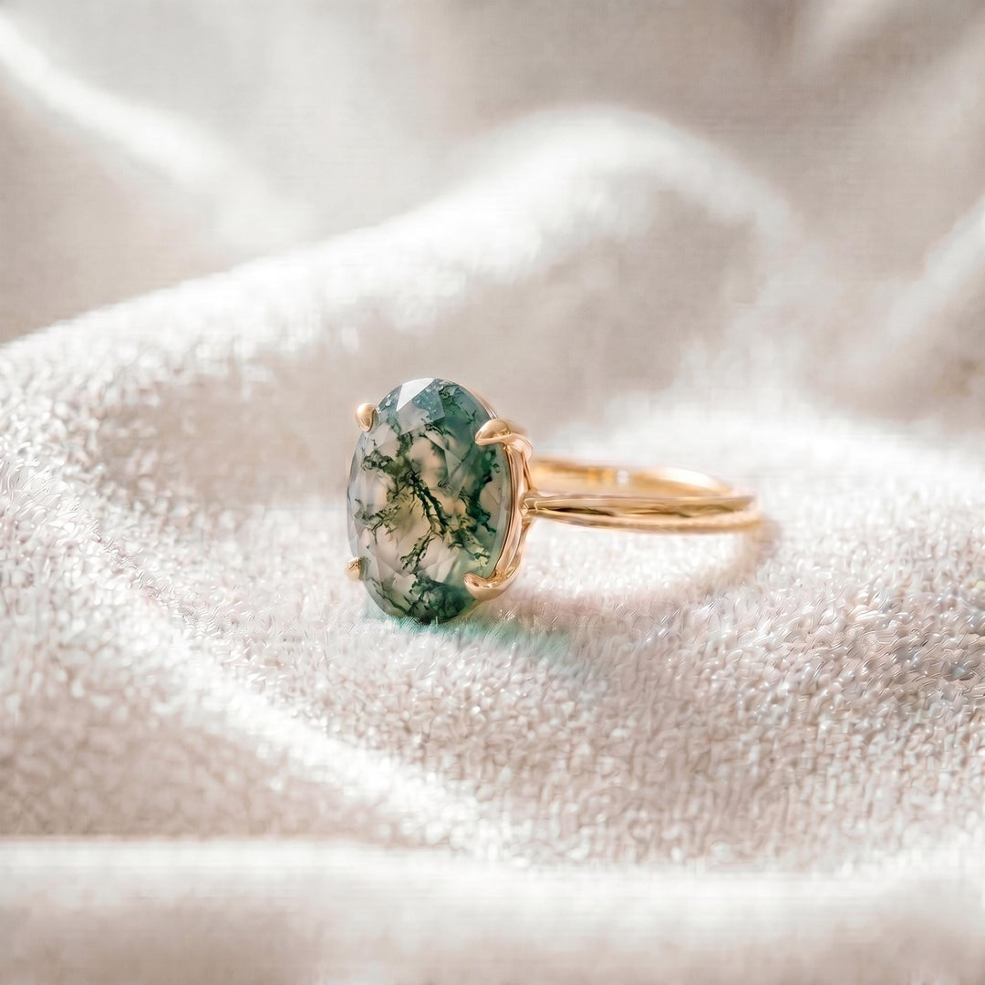 Natural Moss Agate Engagement Ring, Oval Shaped, 14K Solid Gold, Promise Ring, Nature Anniversary Ring, Bridal Jewelry Gift for Women & Wife