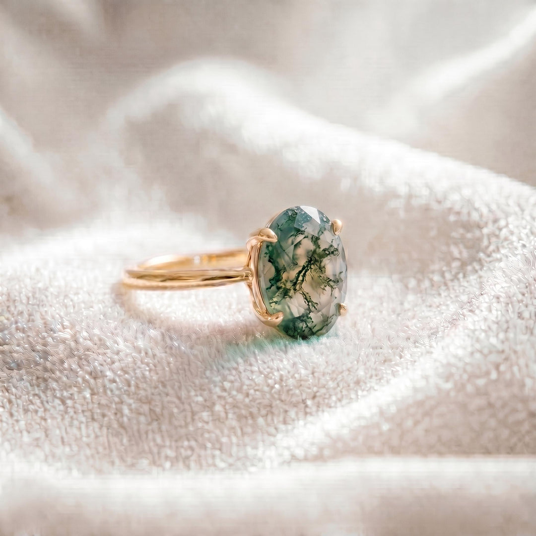 Natural Moss Agate Engagement Ring, Oval Shaped, 14K Solid Gold, Promise Ring, Nature Anniversary Ring, Bridal Jewelry Gift for Women & Wife