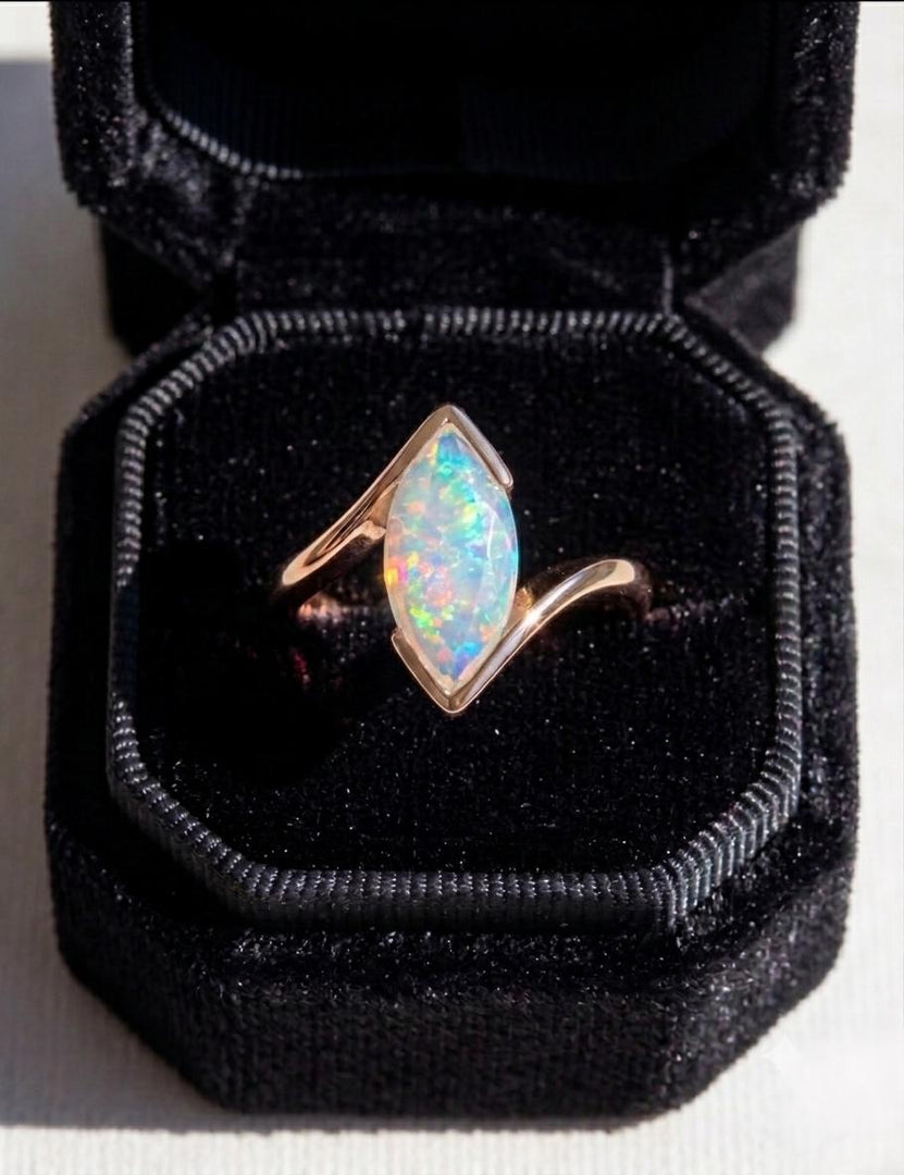 Vintage Opal Engagement Ring, Marquise Cut, Rose Gold Ring, Half Bezel Set Fire Opal Ring, October Birthstone, Women Jewelry Gift for Her