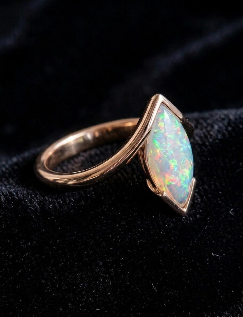 Vintage Opal Engagement Ring, Marquise Cut, Rose Gold Ring, Half Bezel Set Fire Opal Ring, October Birthstone, Women Jewelry Gift for Her