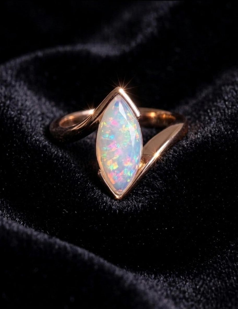 Vintage Opal Engagement Ring, Marquise Cut, Rose Gold Ring, Half Bezel Set Fire Opal Ring, October Birthstone, Women Jewelry Gift for Her