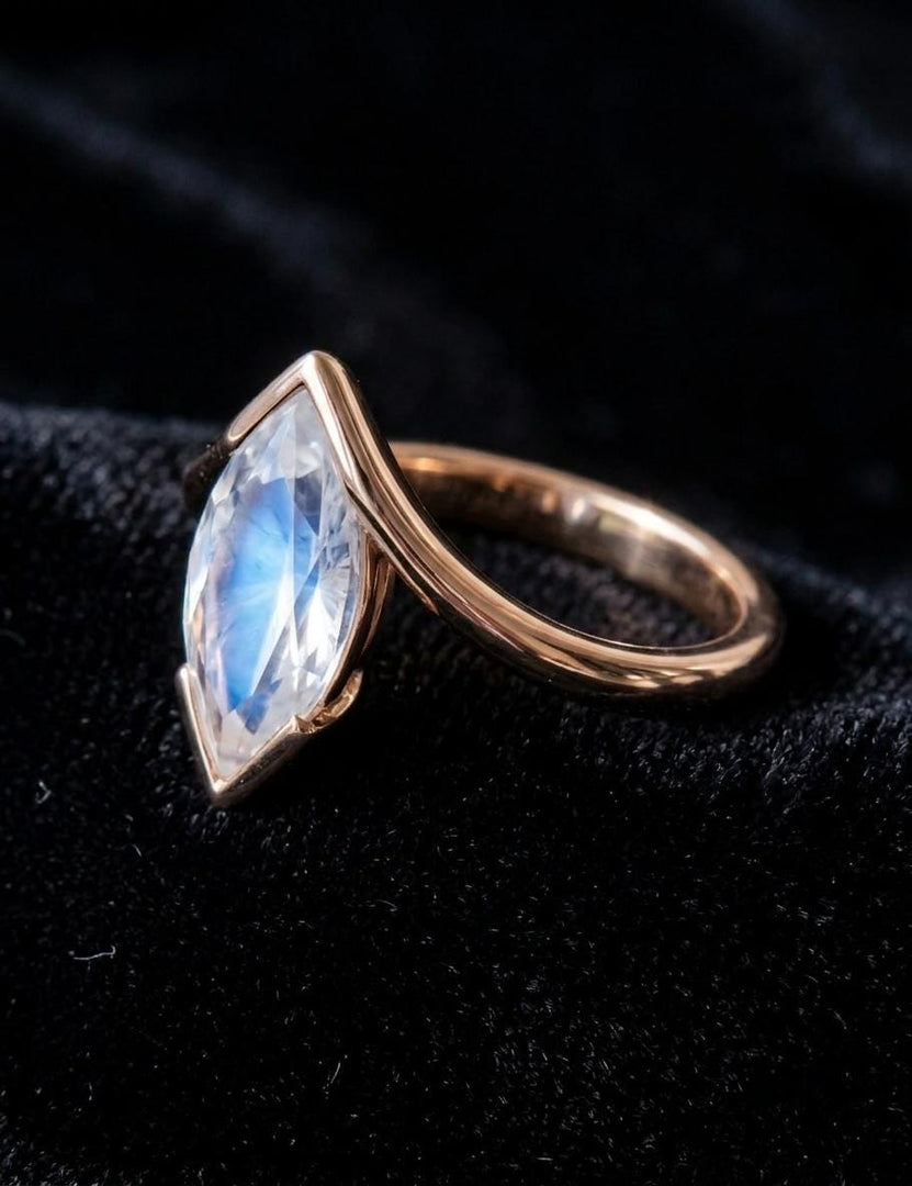 Rainbow Moonstone Engagement Ring, Marquise Cut, Rose Gold Ring, Elegant Half Bezel Set Marquise Ring, June Birthstone Jewelry Gift for Her