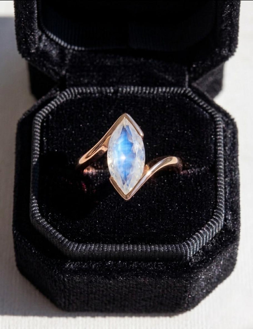 Rainbow Moonstone Engagement Ring, Marquise Cut, Rose Gold Ring, Elegant Half Bezel Set Marquise Ring, June Birthstone Jewelry Gift for Her