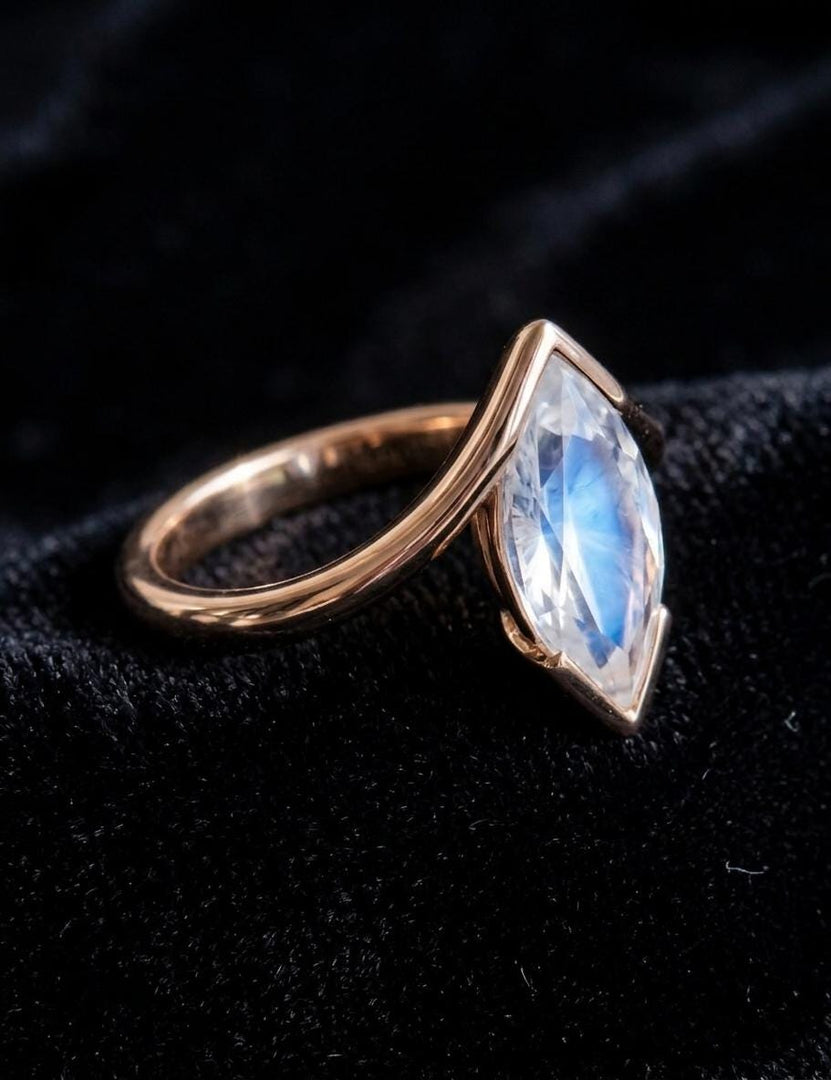 Rainbow Moonstone Engagement Ring, Marquise Cut, Rose Gold Ring, Elegant Half Bezel Set Marquise Ring, June Birthstone Jewelry Gift for Her