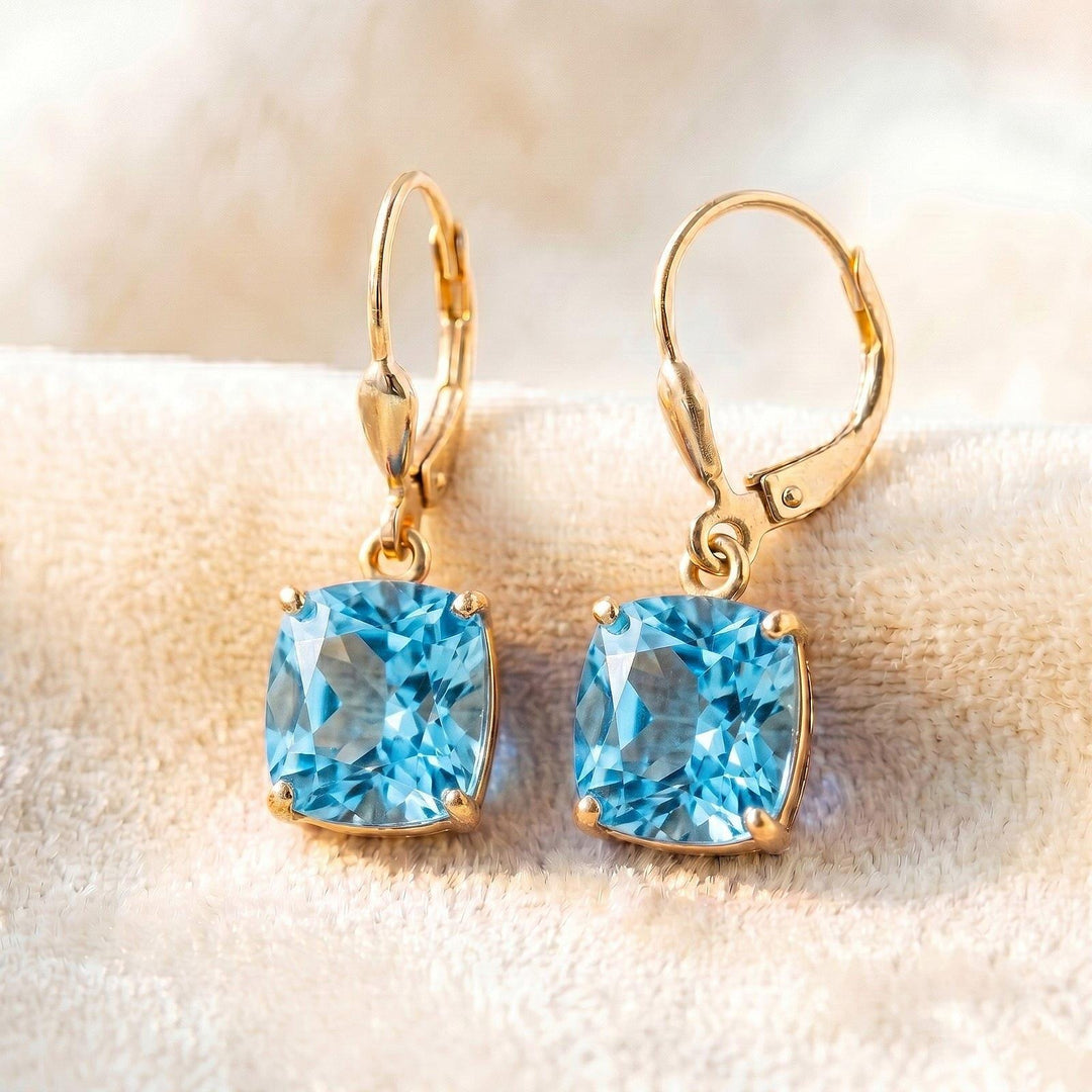 Aquamarine Earrings, March Birthstone, Blue Rectangle Earrings in Gold or Silver,  Cushion Cut Drops, Jewelry Gift for Mom