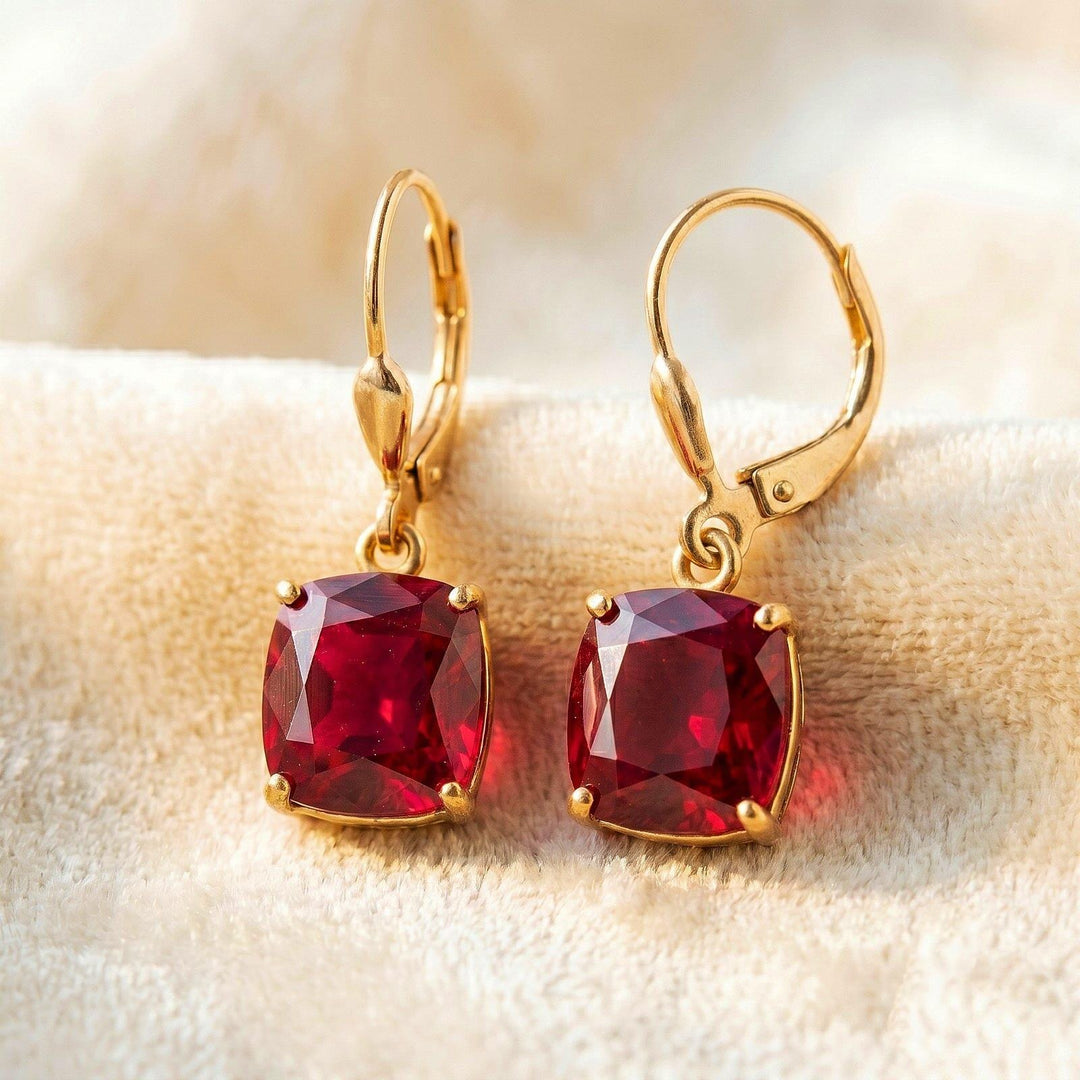 Ruby Earrings, July Birthstone, Red Square Earrings in Gold or Silver,  Cushion Cut Drops, Jewelry Gift for Mom