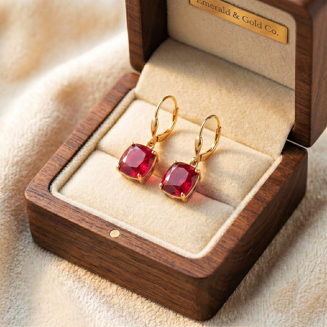 Ruby Earrings, July Birthstone, Red Square Earrings in Gold or Silver,  Cushion Cut Drops, Jewelry Gift for Mom