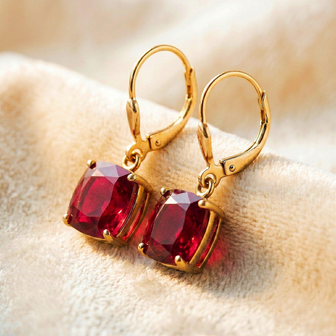 Ruby Earrings, July Birthstone, Red Square Earrings in Gold or Silver,  Cushion Cut Drops, Jewelry Gift for Mom