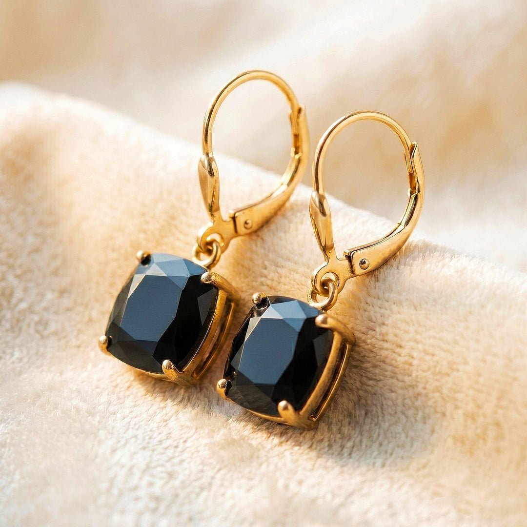 Black onyx Earrings, July Birthstone, Black Square Earrings in Gold or Silver,  Cushion Cut Drops, Jewelry Gift for Mom, Dangle Earrings