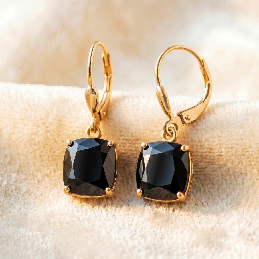 Black onyx Earrings, July Birthstone, Black Square Earrings in Gold or Silver,  Cushion Cut Drops, Jewelry Gift for Mom, Dangle Earrings