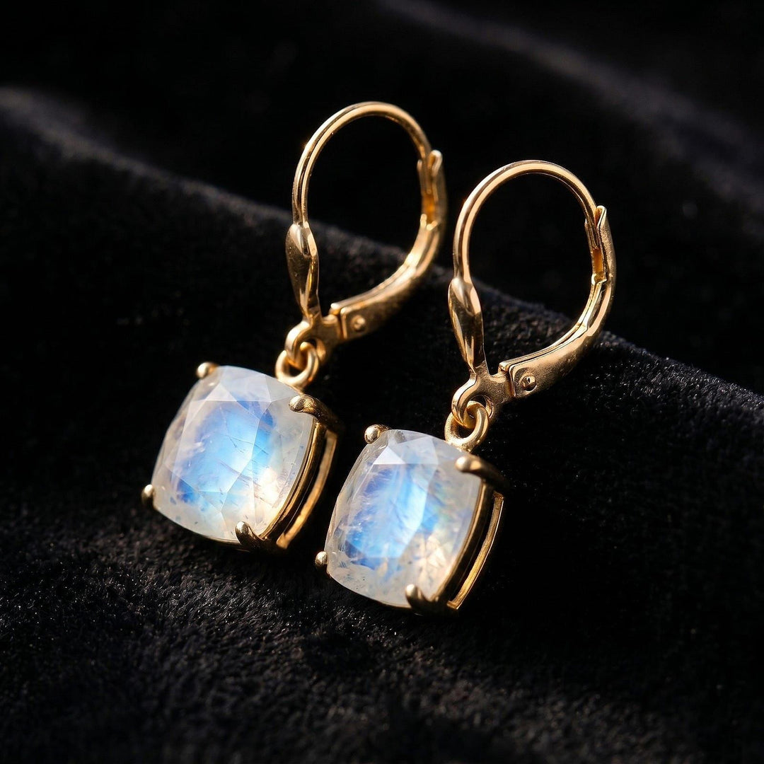 Moonstone  Earrings, June Birthstone, Blue Square Earrings in Gold or Silver,  Cushion Cut Drops, Jewelry Gift for Mom, Dangle Earrings