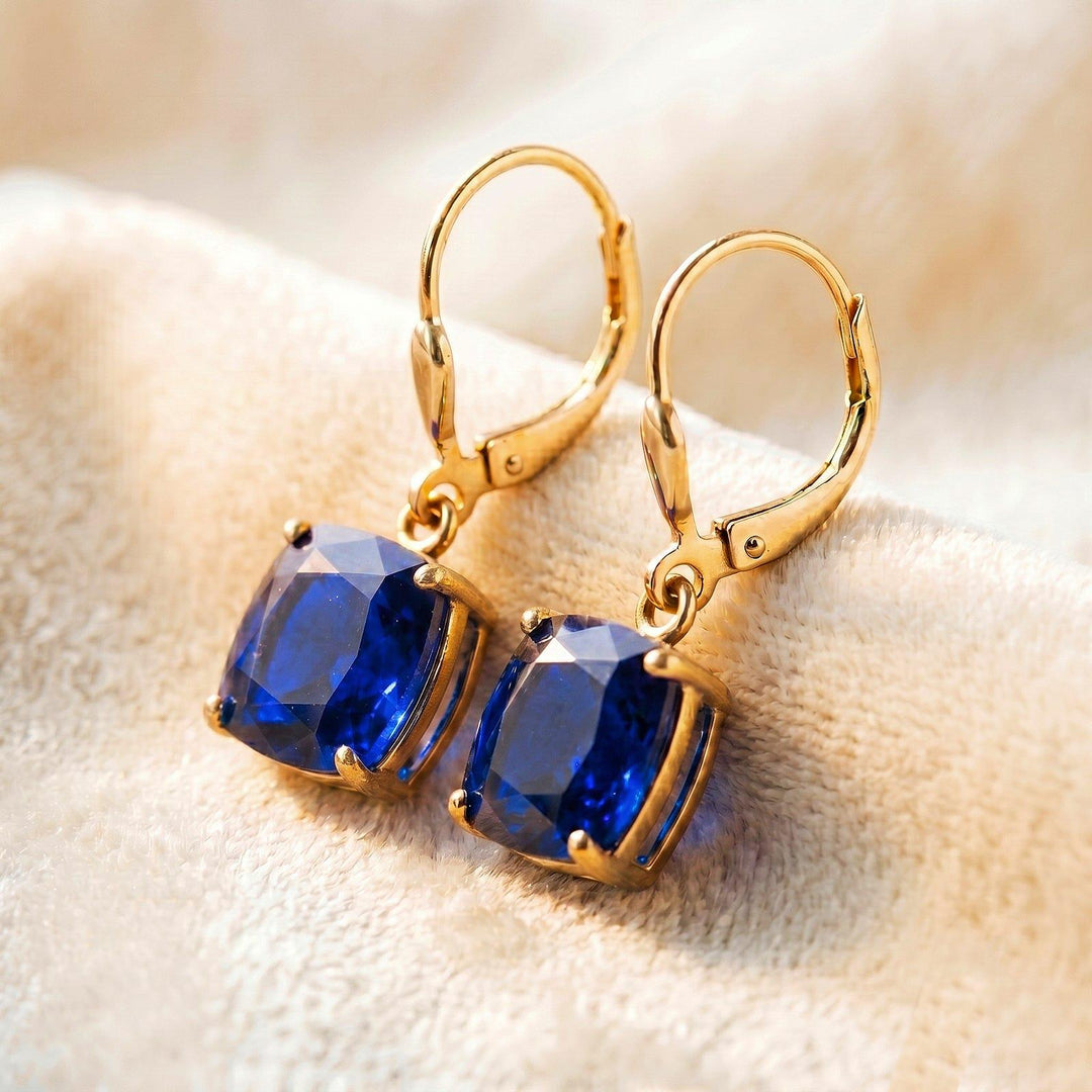 Blue Sapphire Earrings, September Birthstone, Blue Square Earrings in Gold or Silver,  Cushion Cut Drops, Jewelry Gift for Mom, Earrings