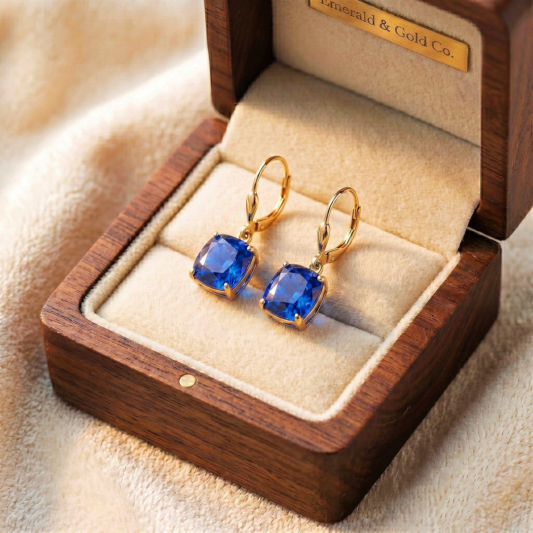Blue Sapphire Earrings, September Birthstone, Blue Square Earrings in Gold or Silver,  Cushion Cut Drops, Jewelry Gift for Mom, Earrings
