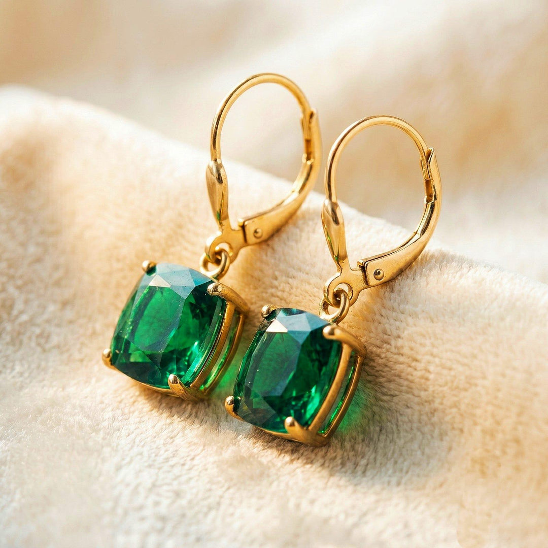 Emerald Earrings, May Birthstone, Green Square Earrings in Gold or Silver,  Cushion Cut Drops, Jewelry Gift for Mom, Dangle Earrings