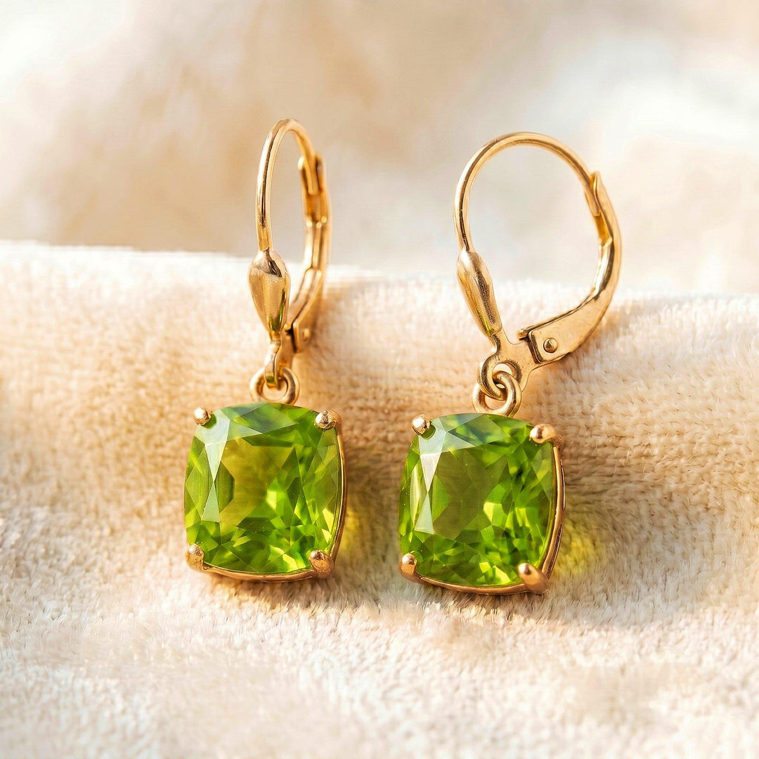 Peridot Earrings, July Birthstone, Green Square Earrings in Gold or Silver,  Cushion Cut Drops, Jewelry Gift for Mom, Dangle Earrings