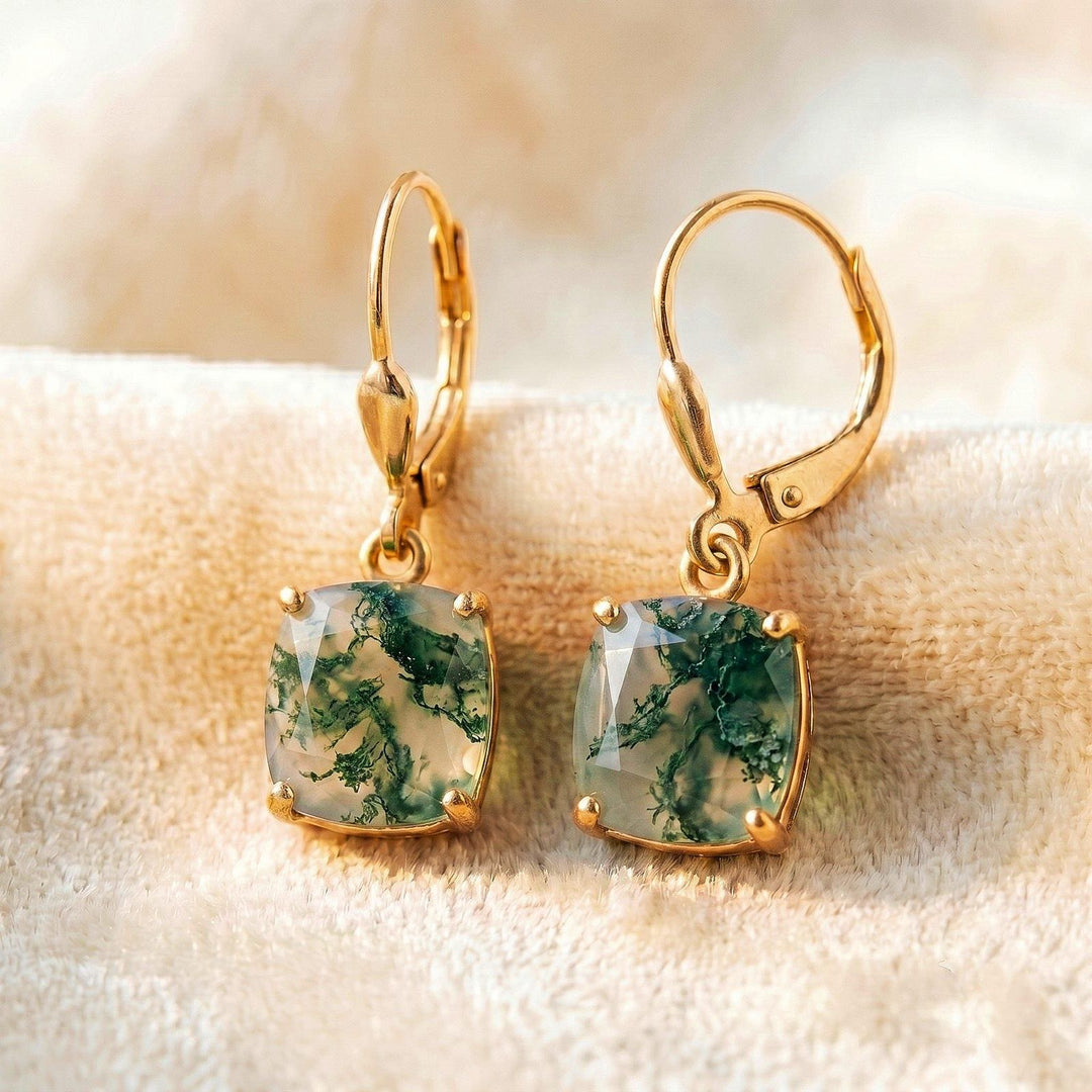 Moss agate Earrings, May Birthstone, Green Square Earrings in Gold or Silver,  Cushion Cut Drops, Jewelry Gift for Mom, Dangle Earrings