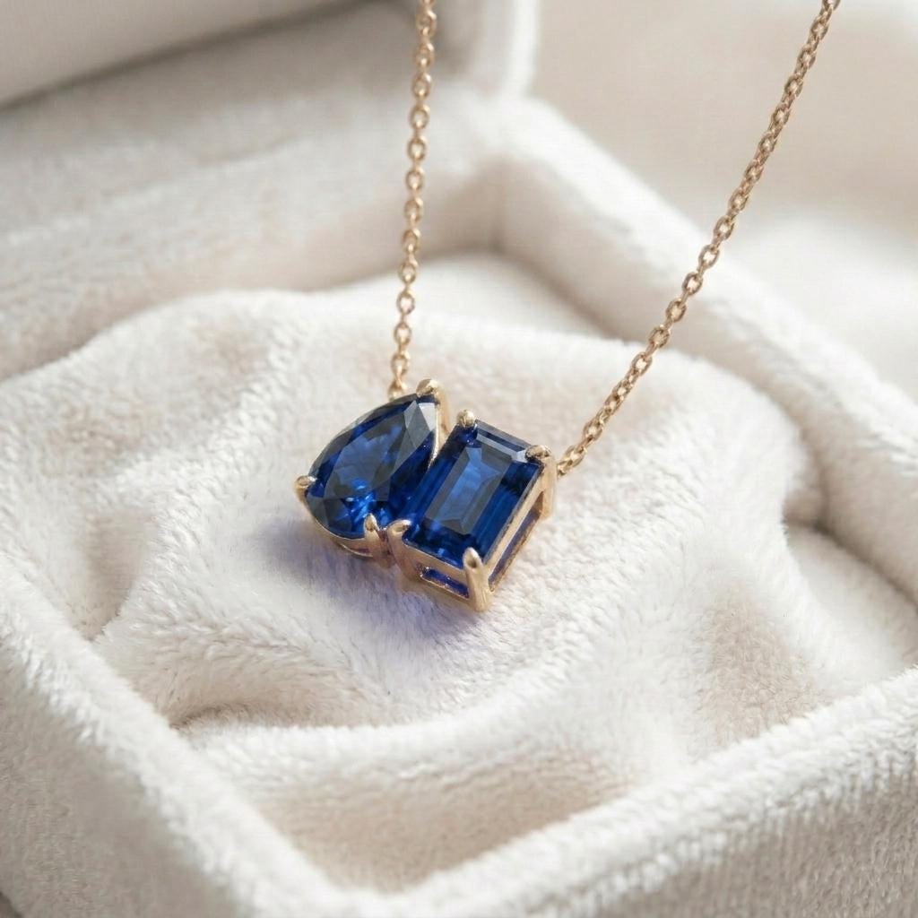 Sapphire Necklace, Blue Gemstone Necklace, Toi et Moi Necklace Pendant,  Bridal Jewelry, Wedding Jewelry, Anniversary Women Gift for Her