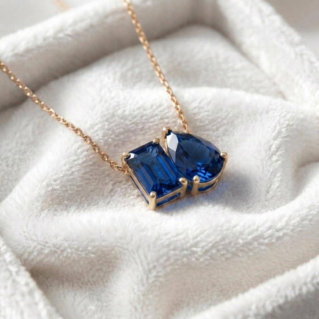 Sapphire Necklace, Blue Gemstone Necklace, Toi et Moi Necklace Pendant,  Bridal Jewelry, Wedding Jewelry, Anniversary Women Gift for Her