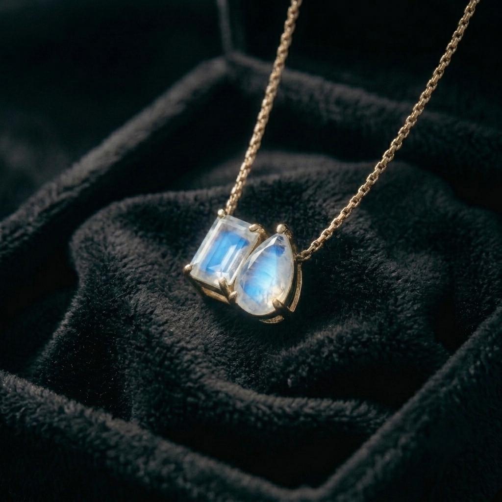 Natural Moonstone Necklace, Toi et Moi Necklace, Emerald And Pear Cut Pendant, Bridal Jewelry, Wedding Jewelry Anniversary Necklace For Gift