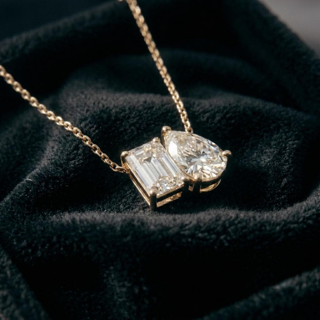 Moissanite Two Stone Necklace, Toi et Moi Necklace, 14K Solid Gold, Emerald and Pear, Women Pendant, Bridal Necklace, Anniversary For Gift