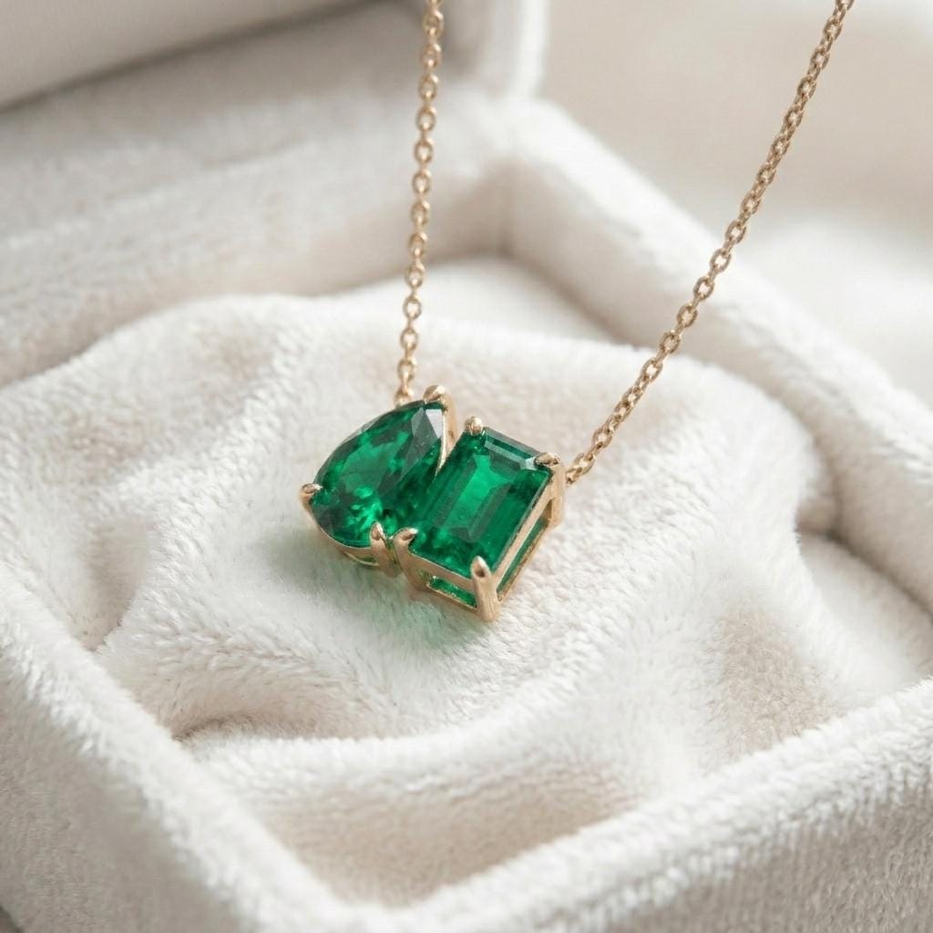 Emerald Two Stone Necklace, Green Gemstone Necklace, Toi et Moi Necklace Pendant, Bridal Jewelry, Wedding Jewelry, Anniversary Gift For Her