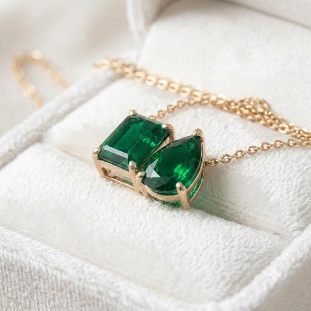 Emerald Two Stone Necklace, Green Gemstone Necklace, Toi et Moi Necklace Pendant, Bridal Jewelry, Wedding Jewelry, Anniversary Gift For Her