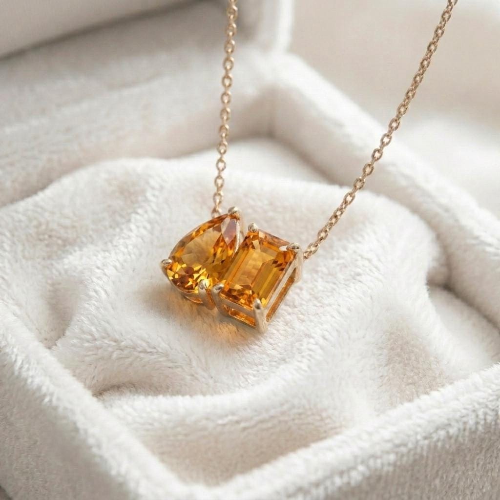 Natural Citrine Pendant Necklace, Pear Cut Necklace, Minimalist Two Gemstone Necklace, Lovers Couple Women Pendant Wedding Jewelry For Gift