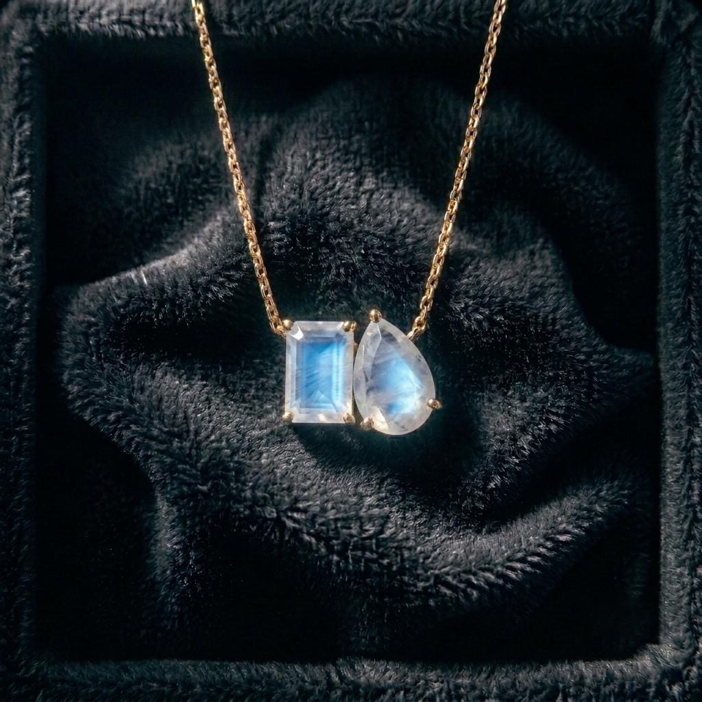Natural Moonstone Necklace, Toi et Moi Necklace, Emerald And Pear Cut Pendant, Bridal Jewelry, Wedding Jewelry Anniversary Necklace For Gift