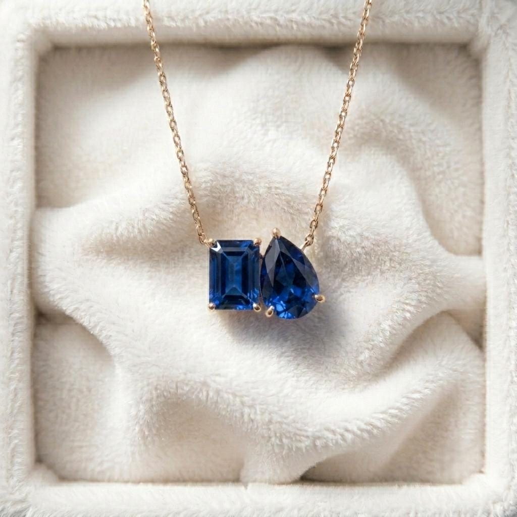 Sapphire Necklace, Blue Gemstone Necklace, Toi et Moi Necklace Pendant,  Bridal Jewelry, Wedding Jewelry, Anniversary Women Gift for Her