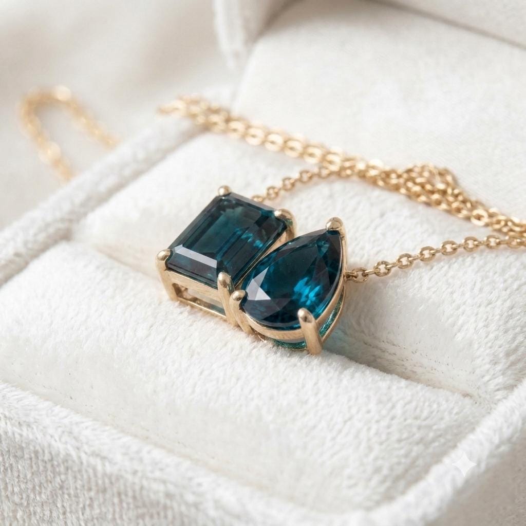 London Blue Topaz Two Stone Necklace, Toi et Moi Necklace, 14K Gold, Emerald and Pear, Women Pendant, Bridal Necklace, Anniversary For Gift