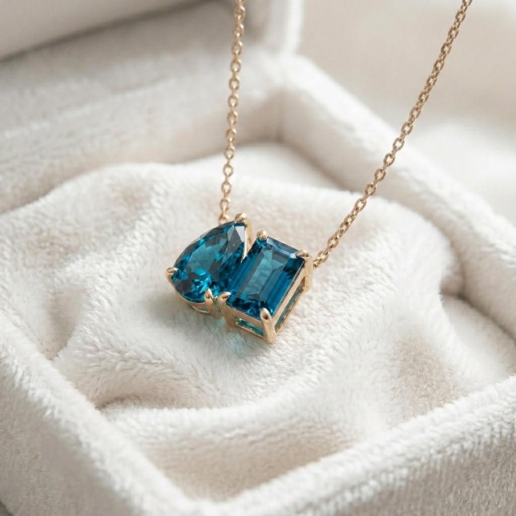 London Blue Topaz Two Stone Necklace, Toi et Moi Necklace, 14K Gold, Emerald and Pear, Women Pendant, Bridal Necklace, Anniversary For Gift