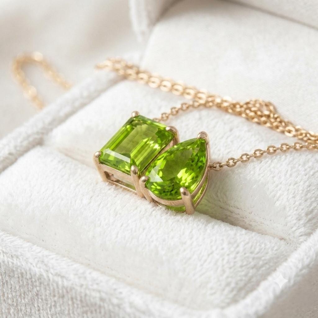 Natural Green Peridot Necklace, Toi et Moi Necklace, Emerald And Pear Cut Pendant, Bridal Jewelry, Wedding Jewelry Anniversary Necklace Gift
