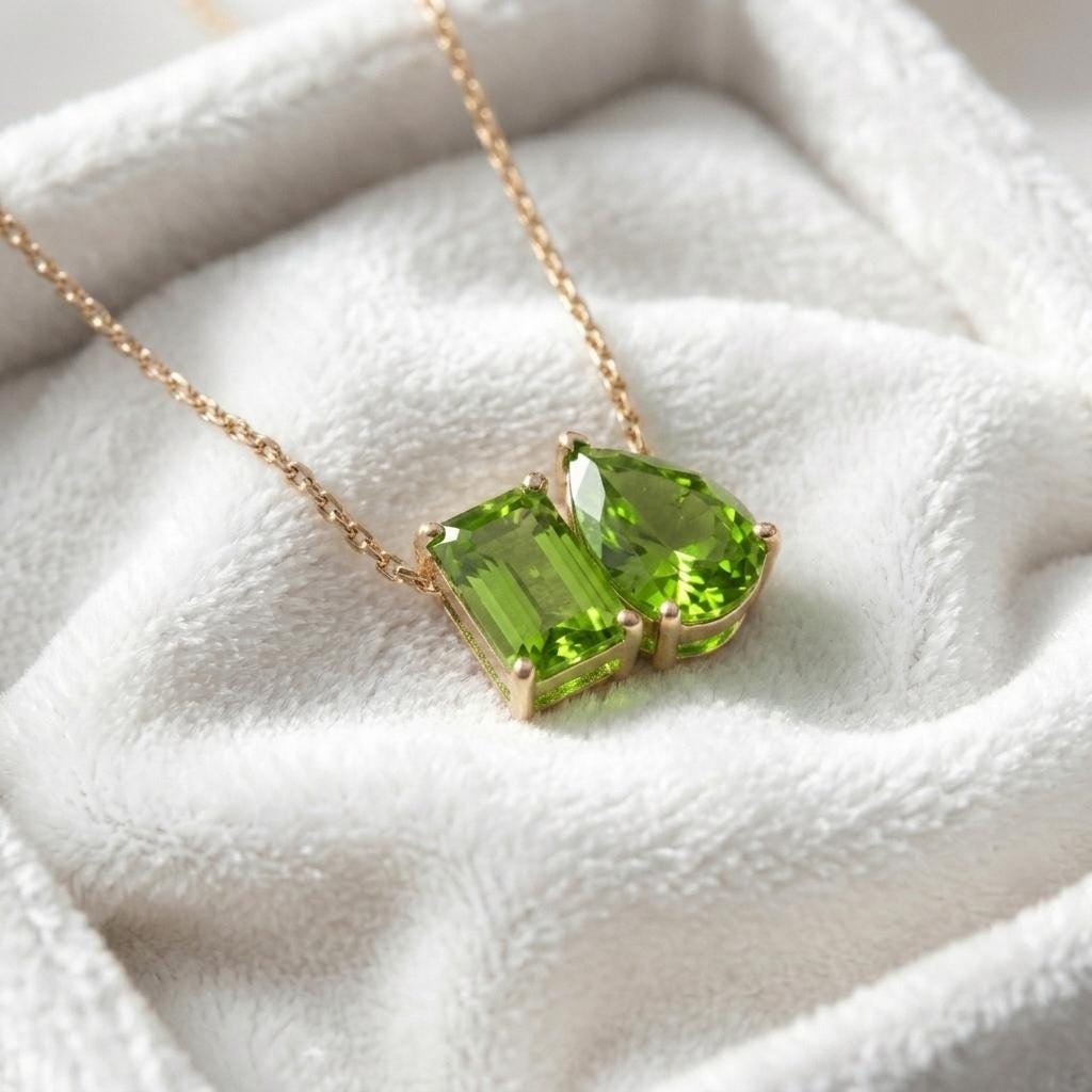 Natural Green Peridot Necklace, Toi et Moi Necklace, Emerald And Pear Cut Pendant, Bridal Jewelry, Wedding Jewelry Anniversary Necklace Gift