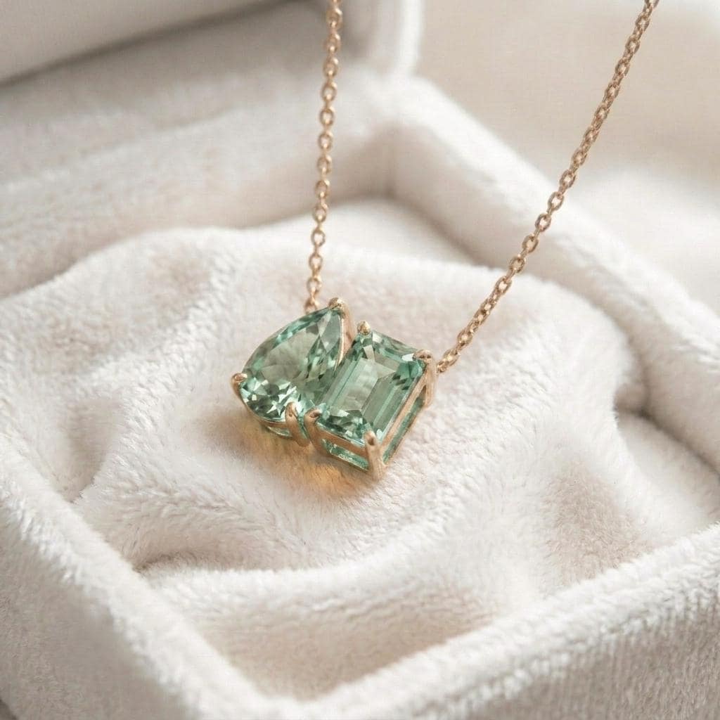 Green Amethyst Necklace, Two Gemstone Pendant, Toi et Moi Necklace Pendant, Bridal Jewelry, Wedding Jewelry, Anniversary Women Gift for Her