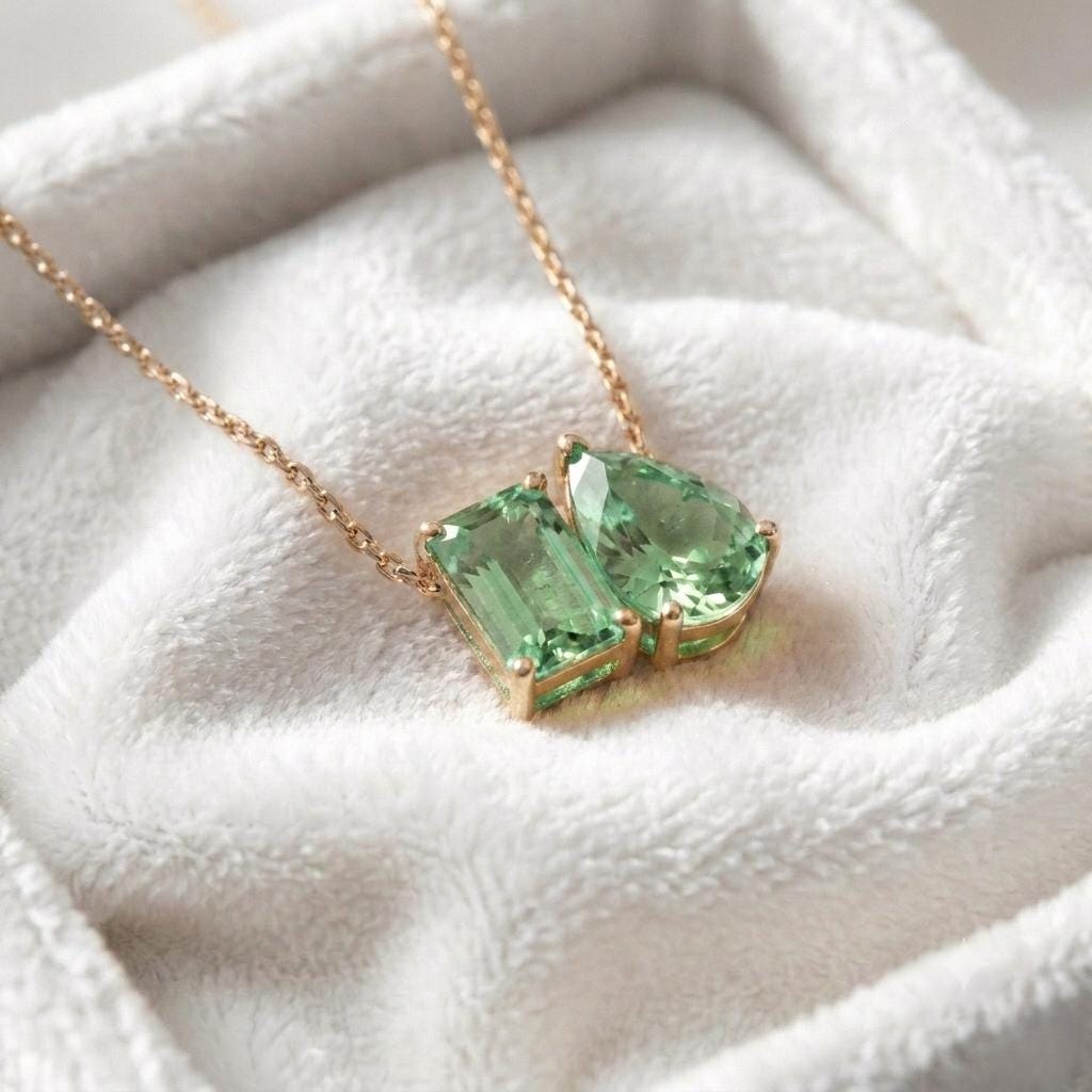 Green Amethyst Necklace, Two Gemstone Pendant, Toi et Moi Necklace Pendant, Bridal Jewelry, Wedding Jewelry, Anniversary Women Gift for Her