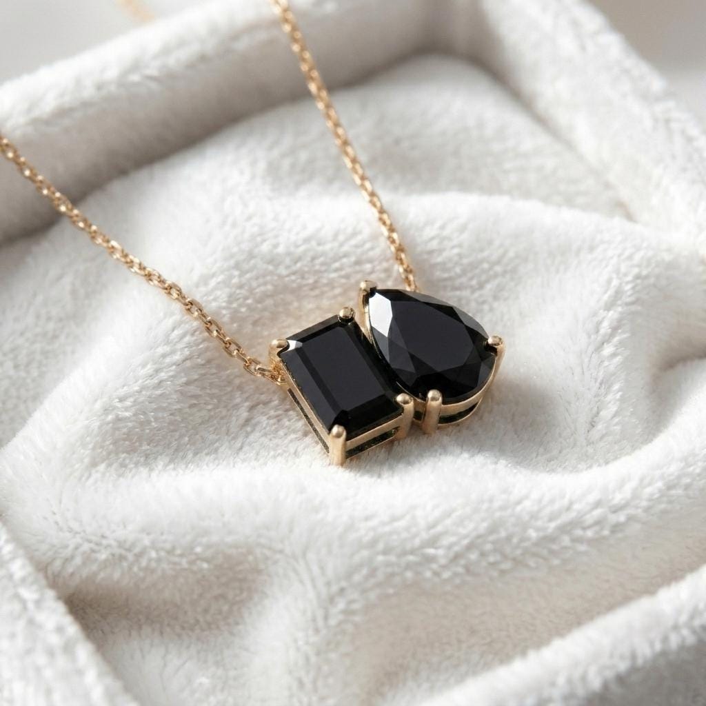 Natural Black Onyx Necklace, Two Black Gemstone Necklace, Toi et Moi Necklace Pendant, Bridal Jewelry, Wedding Jewelry, Anniversary For Gift