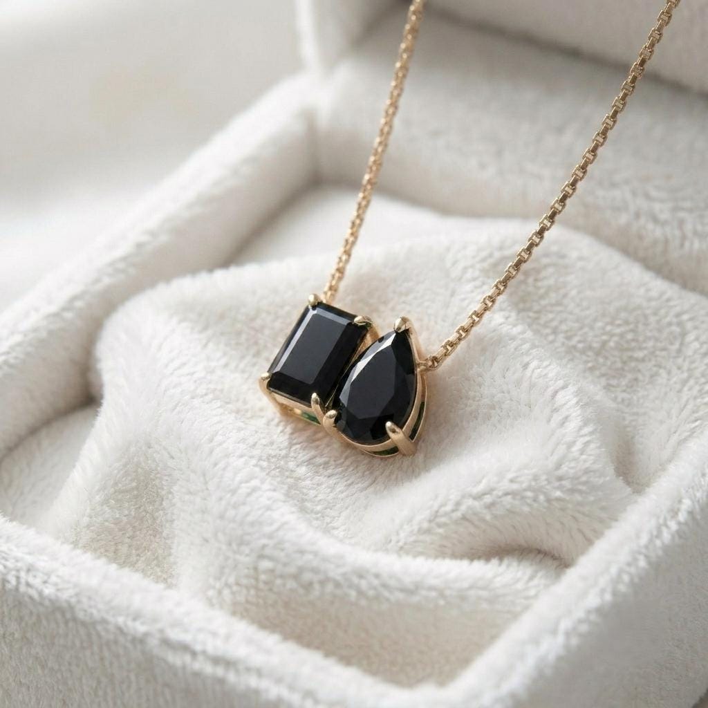 Natural Black Onyx Necklace, Two Black Gemstone Necklace, Toi et Moi Necklace Pendant, Bridal Jewelry, Wedding Jewelry, Anniversary For Gift