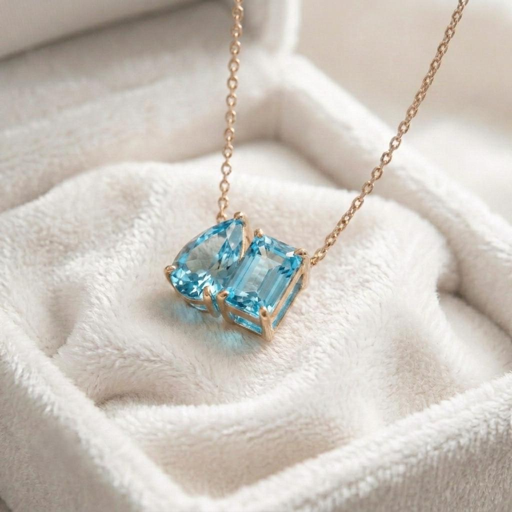 Aquamarine Two Stone Necklace, Blue Gemstone Necklace, Toi et Moi Necklace Pendant, Bridal Jewelry, Wedding Jewelry Anniversary Gift For Her