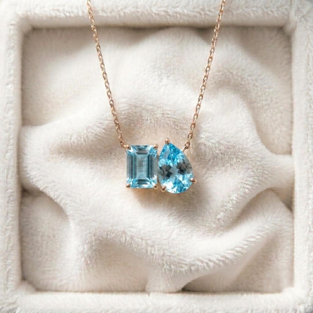 Aquamarine Two Stone Necklace, Blue Gemstone Necklace, Toi et Moi Necklace Pendant, Bridal Jewelry, Wedding Jewelry Anniversary Gift For Her