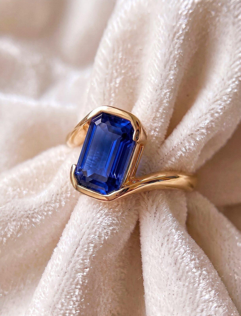 Blue Sapphire Emerald Cut Ring, Full Bezel Set Solitaire, 14K Solid Gold Minimalist Engagement Ring, September Birthstone Jewelry Gift