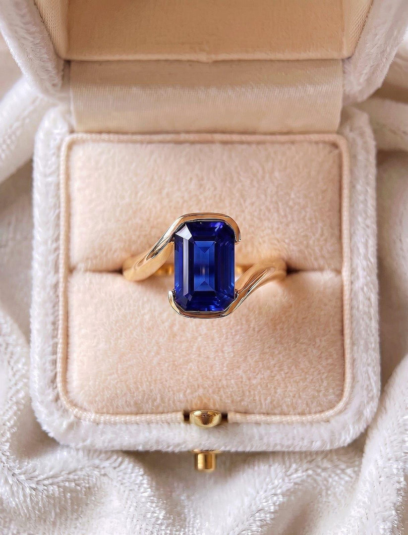 Blue Sapphire Emerald Cut Ring, Full Bezel Set Solitaire, 14K Solid Gold Minimalist Engagement Ring, September Birthstone Jewelry Gift