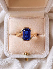 Blue Sapphire Emerald Cut Ring, Full Bezel Set Solitaire, 14K Solid Gold Minimalist Engagement Ring, September Birthstone Jewelry Gift