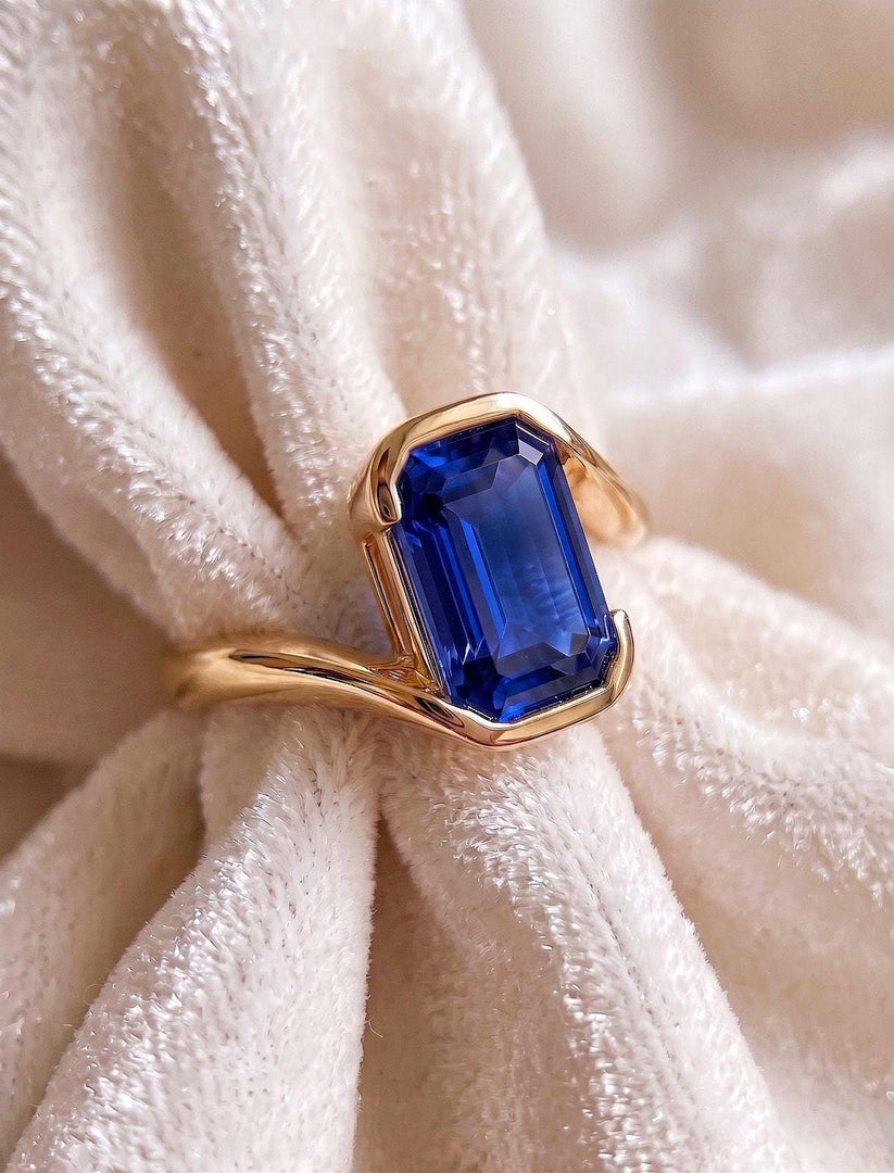 Blue Sapphire Emerald Cut Ring, Full Bezel Set Solitaire, 14K Solid Gold Minimalist Engagement Ring, September Birthstone Jewelry Gift