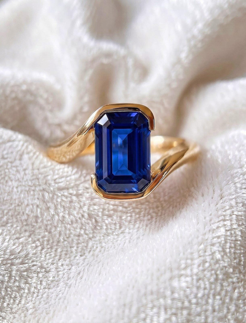 Blue Sapphire Emerald Cut Ring, Full Bezel Set Solitaire, 14K Solid Gold Minimalist Engagement Ring, September Birthstone Jewelry Gift